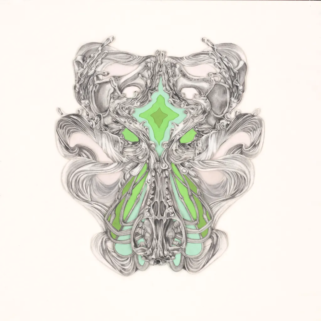 detail image of a grey and green symmetrical drawing 