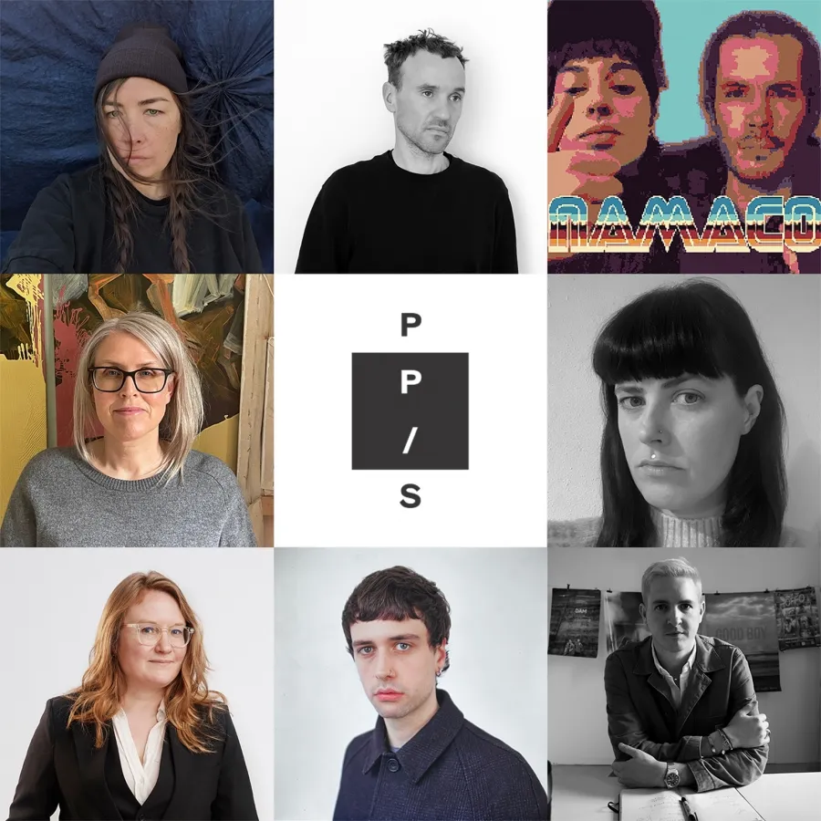 Portraits of the artists selected for the Artist Initiated Projects 2024: Emily Waszak, Lee Welch, Namaco (Han Hogan & Donal Fullam), Karen Conway, Siobhán McGibbon, Neva Elliott, Luke van Gelderen & Conan McIvor.