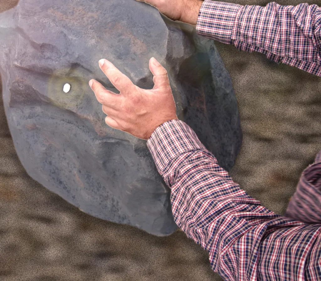 Video still depicitng a mans hands in a red and black plaid shirt holding onto a large dark grey rock. 