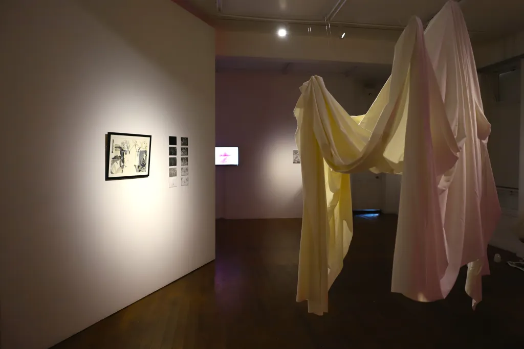 Exhibition documentation of a white wall gallery with wooden floors and low lighting, a textile piece of white fabric is drapped and hung from the ceiling, photographic prints and drawings hang on the wall.