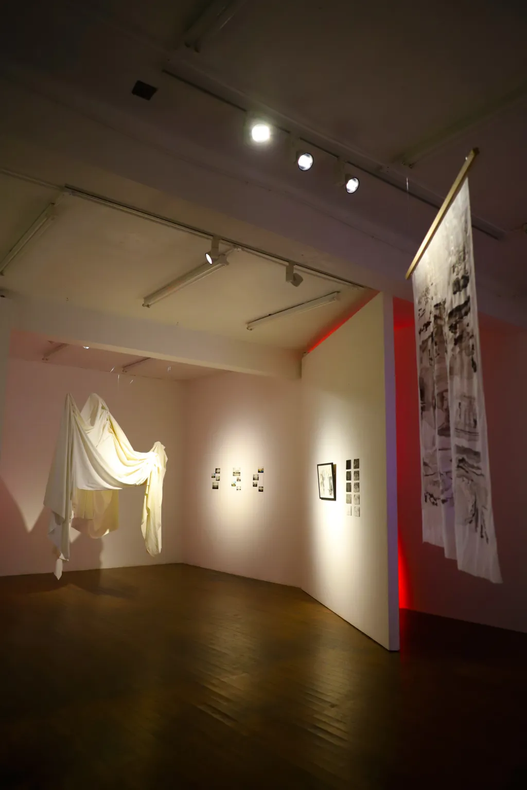 Exhibition documentation of a white wall gallery with wooden floors and low and red lighting, a textile piece of white fabric is drapped and hung from the ceiling, photographic prints and drawings hang on the wall and a sheet of fabric painted with black ink hangs from the ceiling. 