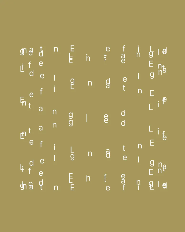 Info-graphic of spiraling white letters from the sentence 'Entangled life' in white on a greenish-yellow background