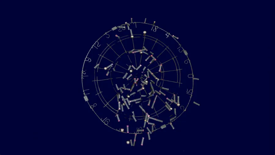 Video still, a dark blue background with a grey abstracted sun dial outline. 