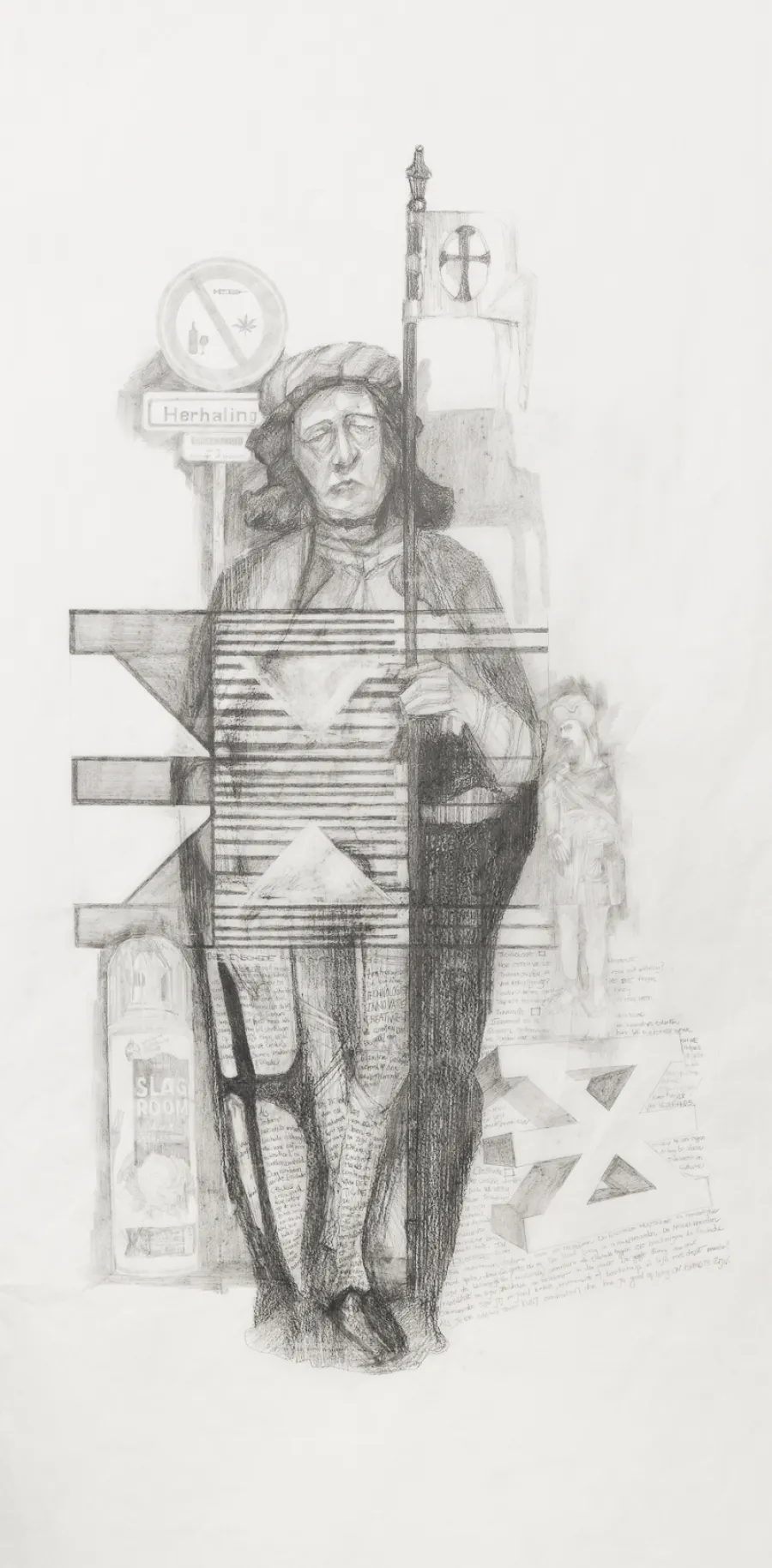 A pencil drawing of an old fashioned judge holding a staff with a flag with a cross om it. Behind is a modern sign in dutch