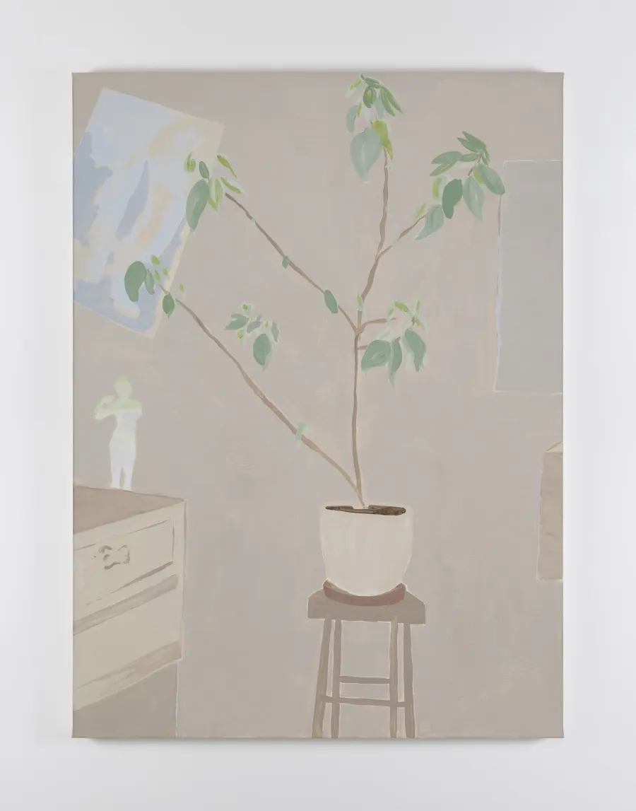 Painting of a plant in a vase on a stool, on the left a drawers, a small white statue outline and paintings on the wall. Muted sandy colours.