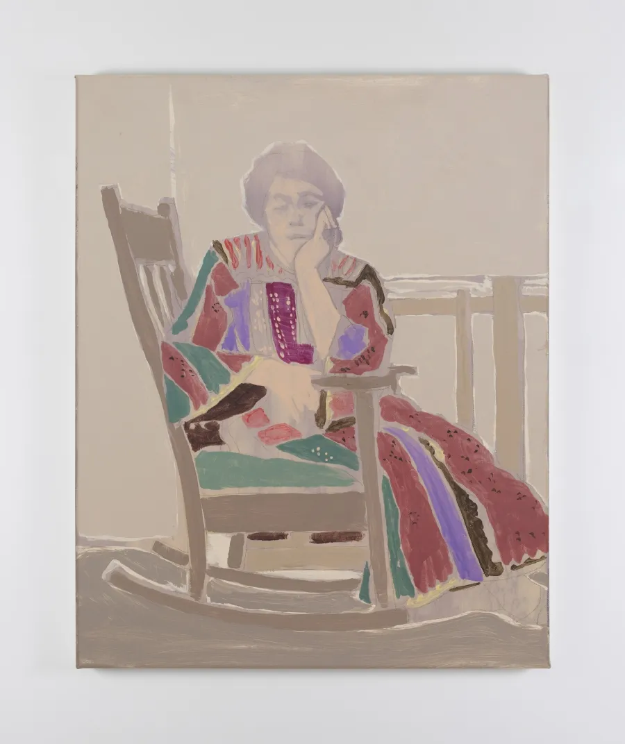 Painting of a person on a rocking chair, body turn to one arm and resting their head in one hand. Muted sandy colours, their dress in colourful stripes.