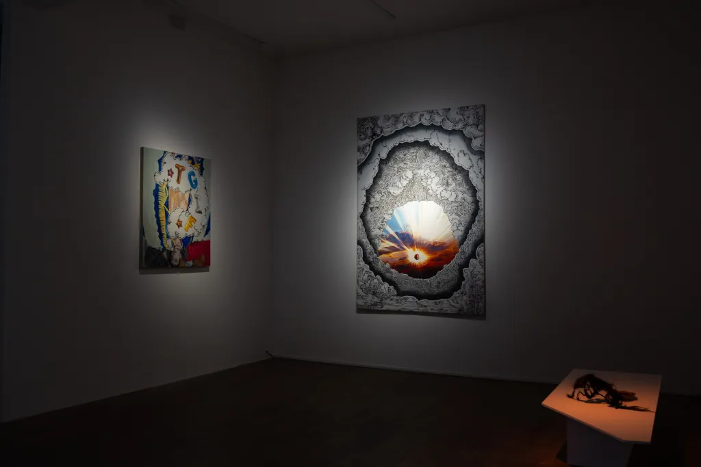 exhibition installation, two paitings hang on a white wall with low spot lights, a white plinth with orange light sits on a wooden floor to the right of the image. 