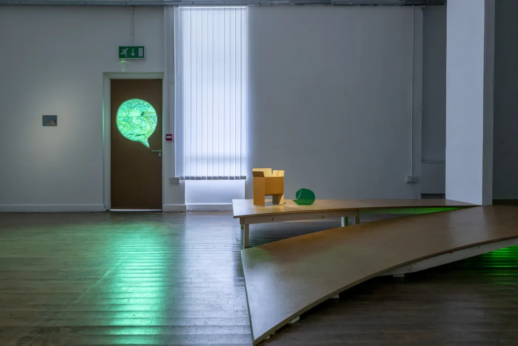 Exhibition documentation of a white wall gallery with a wooden floor, a wooden door with a cut out of a speech bubble in green and  a wooden platform with a ramp sits on the floor, holding an open cardboard box. 